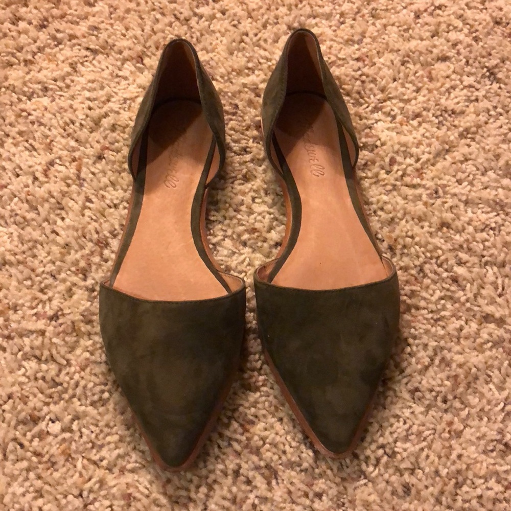 Olive green suede Madewell flats.